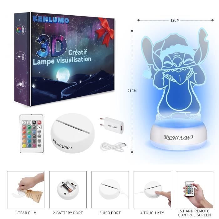 KENLUMO Lampe Stitch Cadeau Noël enfant Lampe de chevet LED télécommande Touchez pour changer decouleur decoration veilleuse fille