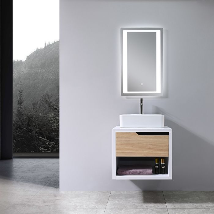 Mobile bagno con lavabo singolo da 60 cm in legno e bianco con specchio a LED LB-8153-60 LuxuryBain-