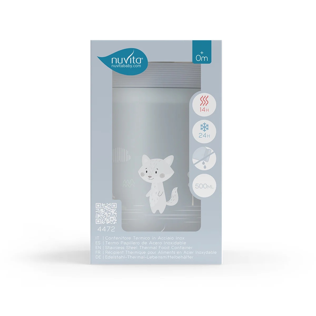 NUVITA Nuvita roestvrijstalen thermoskan voor vloeibare/vaste voeding, blauw, 500 ml, luchtdichte sluiting, geschikt voor babyvoeding en bouillon.