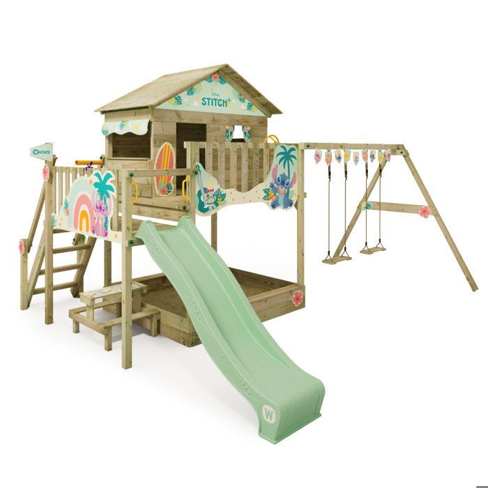 WICKEY Disney Quest Lilo & Stitch Speelzone – 220 cm glijbaan, schommel en klimwand – 10 jaar garantie*