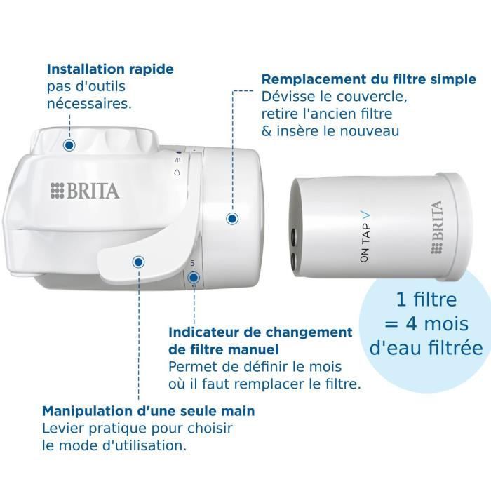 Système filtration à eau BRITA - ON TAP - Jusqu'à 4 mois d'eau filtrée - 3 modes d'utilisations - 5 adaptateurs inclus