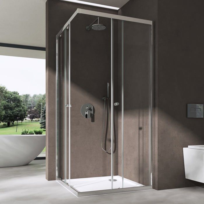 Mampara de ducha de esquina Sogood Ravenna16 de 100x75 cm, cabina de ducha transparente con puertas correderas y revestimiento NANO.