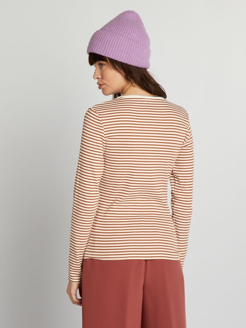 Camiseta listrada com gola abotoada - BRANCA