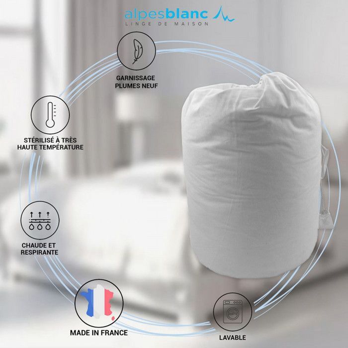 ALPES BLANC - Couette naturelle hiver 360 g/m² 280x240 cm - 30% duvet, 70% plumes – Chaude et gonflante - Fabrication française