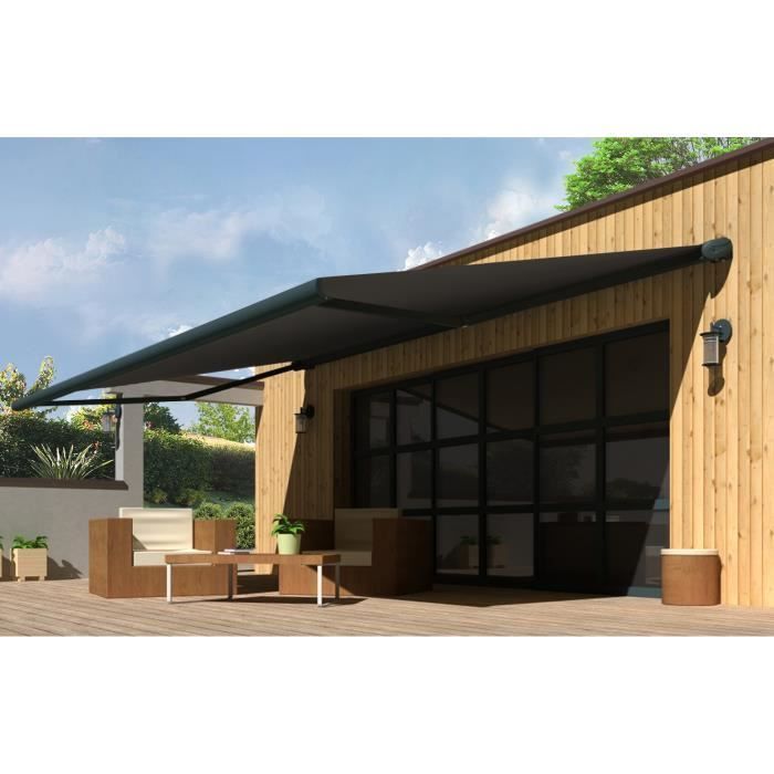 Store banne Coffre PROTECT 2 LED Gris 6x3.5m Motorisé + LED - Toile Grise
