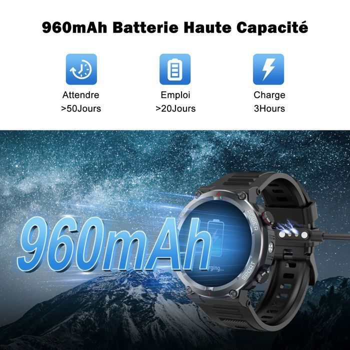 Blackview Montre Connectée Homme avec 1,45'' Écran/LED Lampe/960mAh Batterie,100+ Modes Sportifs,Moniteur de Santé pour Android iOS
