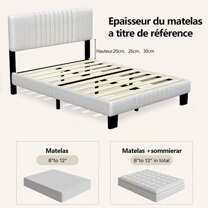 Lit Double, Cadre de Lit, Convient pour Un Matelas de 140 x 190 cm, Tête de Lit Rembourrée Ajustable, en Métal, Moderne,