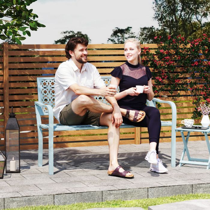 Garden bench - Outsunny - 2-seater - openwork backrest - steel - for balcony, terrace, patio, veranda - 127 x 63 x 85 cm - blue