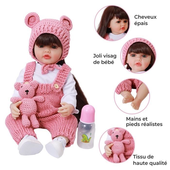Muñeca bebé reborn - A2 - 55 cm - Silicona - Cabello largo - Accesorios incluidos