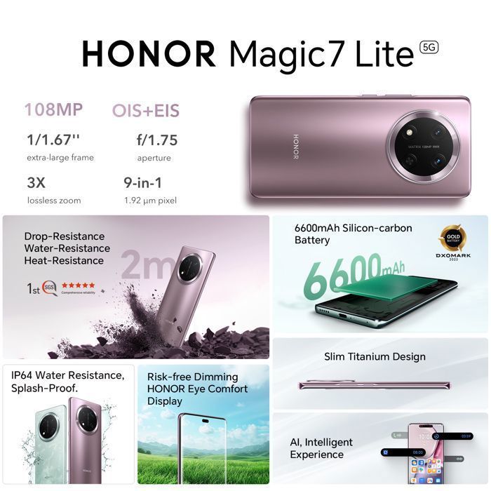 5G-Smartphone – HONOR Magic7 Lite – 8 GB RAM – 512 GB – Lila – 6,78 Zoll – 108-MP-KI-Kamera – 6600 mAh – EU-Version