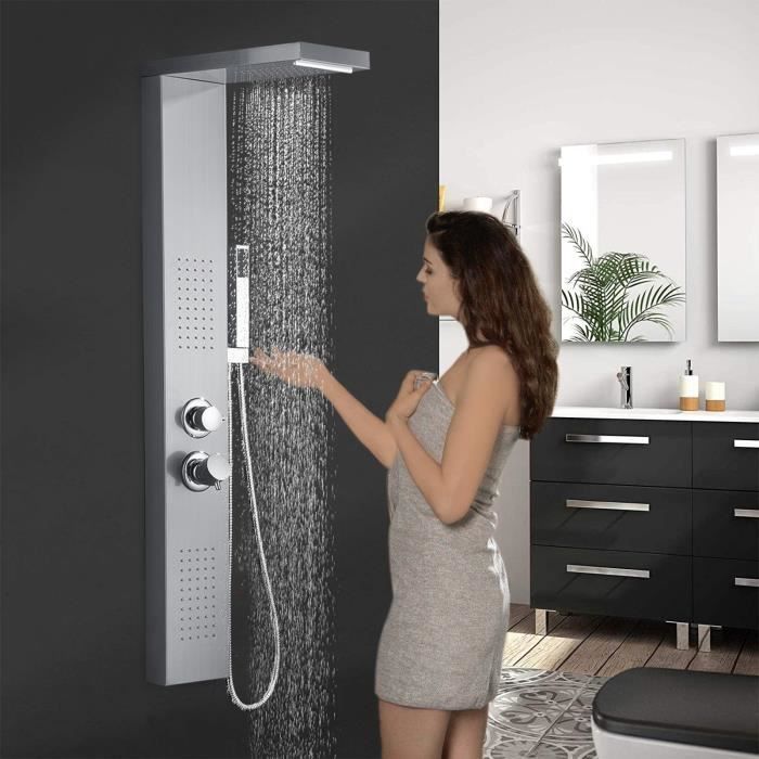 Columna de ducha LILIIN 4 en 1 con panel de ducha, sistema de ducha de mano y ducha de lluvia, color plata.