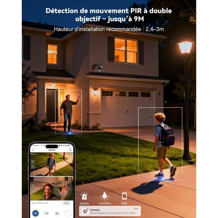 Outdoor Solar WiFi Dual Lens Security Camera, PTZ with PIR Human Detection, 8W Solar Panel & 10400mAh Battery
