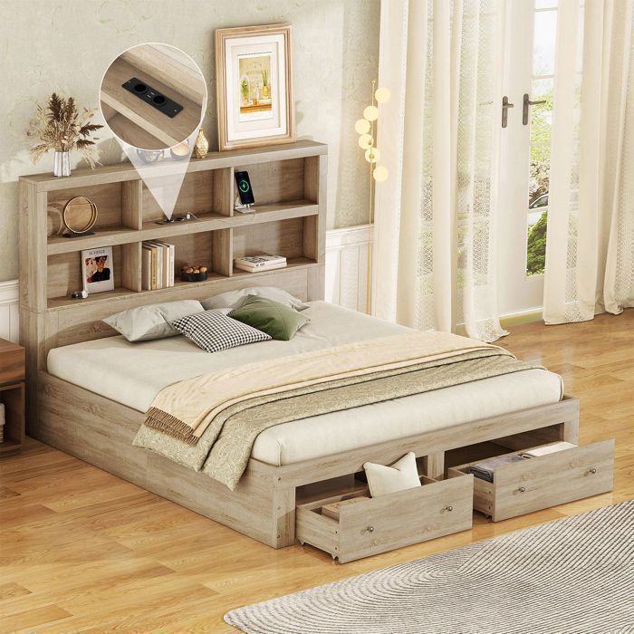 Cama MODFU con cajones, cama para adultos, cama doble de 160 x 200 cm con 2 cajones, cabecero con 6 compartimentos de almacenamiento, color natural.