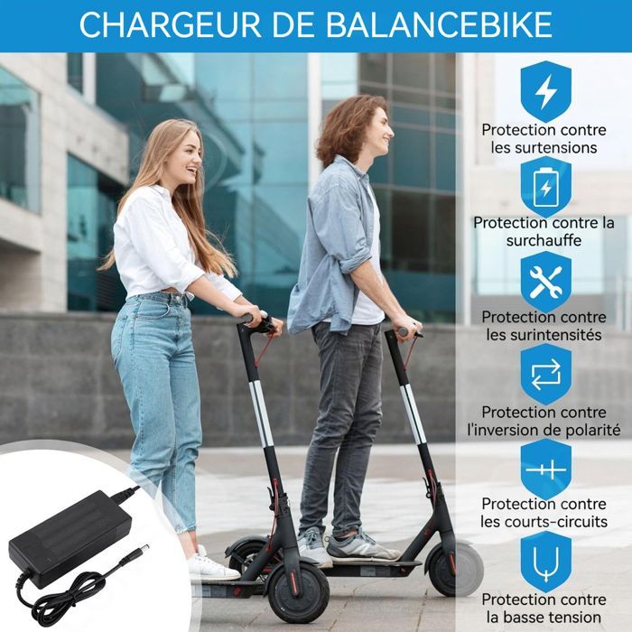 Caricabatterie per monopattino elettrico, 42 V 2 A, multipresa, per batterie agli ioni di litio, con ricarica rapida e protezioni multiple, nero.