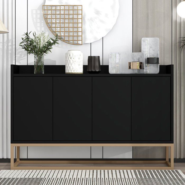 Credenza con 4 ante, ripiani regolabili, mobile basso, gambe in metallo dorato, credenza moderna, 120x30x80 cm, nera, per soggiorno e cucina.
