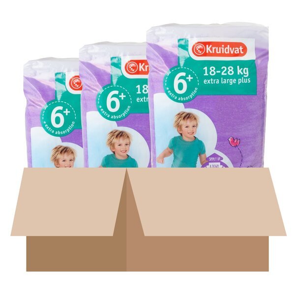 „Kruidvat 6+ Extra Large Plus“ sauskelnės-kelnaitės, talpi dėžutė, 6+ dydis (18–28 kg), 152 vnt.