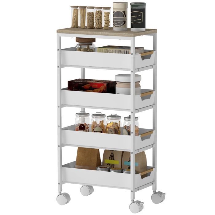 Carrito de cocina - HOMCOM - con ruedas - 5 estantes - 4 cajones deslizantes y estante de almacenamiento - blanco
