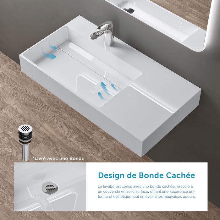 Lavabo mural blanco doporro de 75 cm, lavabo de encimera con desagüe, lavabo rectangular de 75 x 43 x 14 cm Colossum12-L