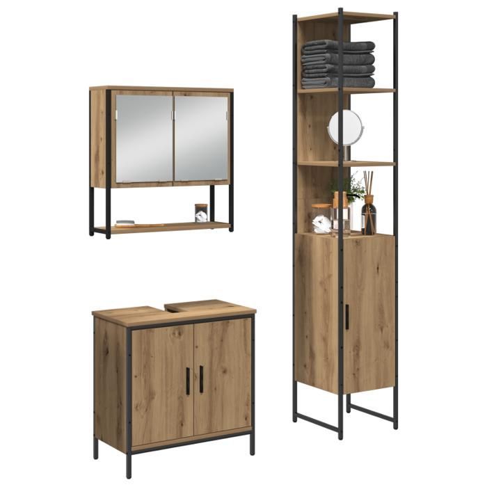 Conjunto de muebles de baño - Roble artesanal - 3 piezas - Acabado mate - Estilo contemporáneo