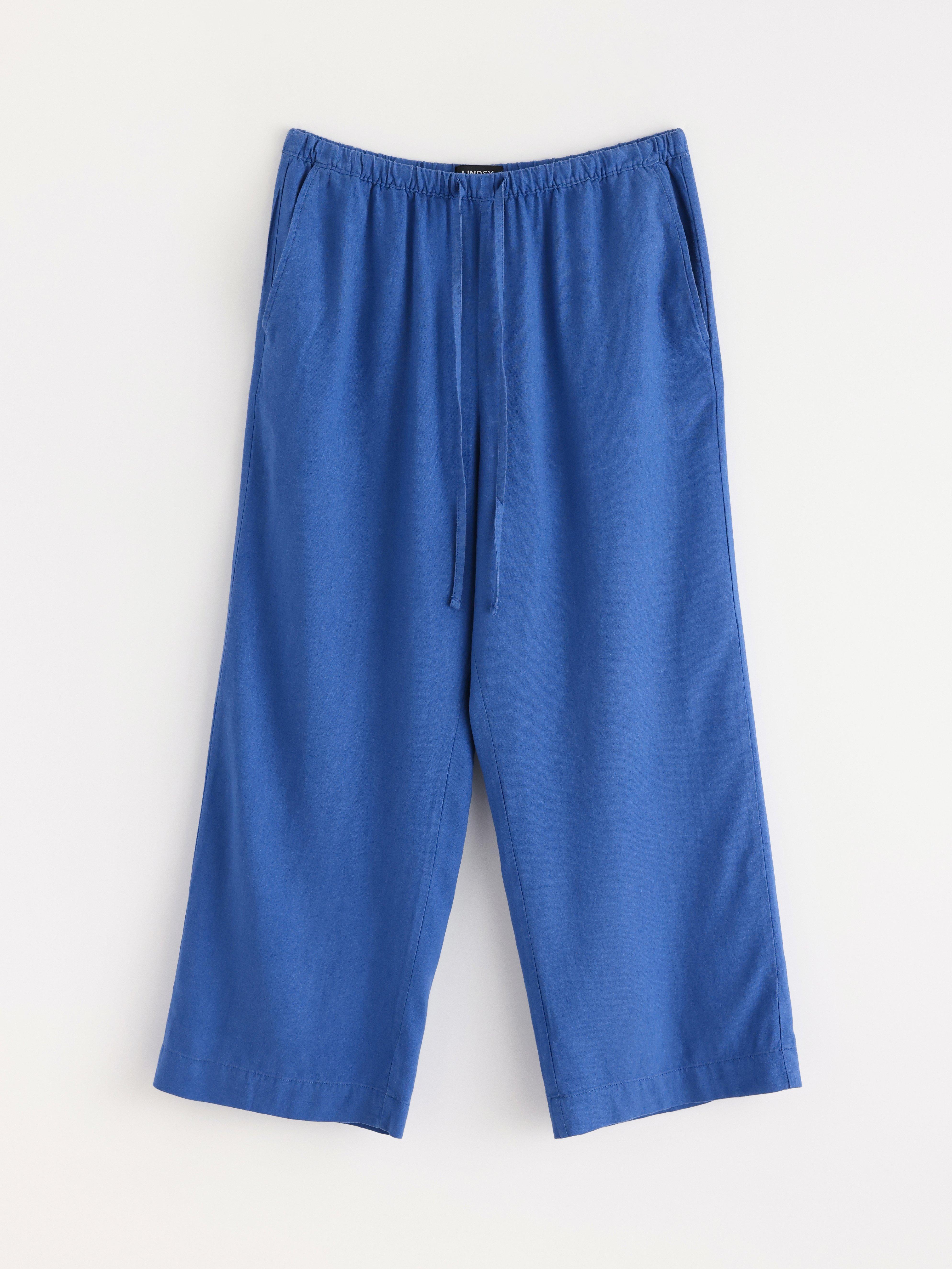 BELLA raka croppade byxor i linneblandning Blue