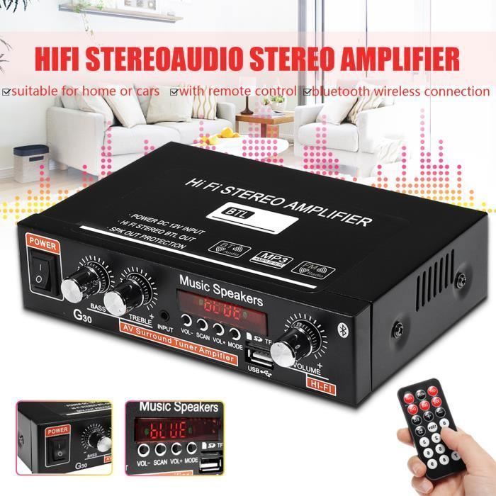 Amplificateur HIFI bluetooth Stéréo Audio Radio FM 2 Canaux Voiture Maison Télécommande PRISE EU DC 12V AC 220V Label