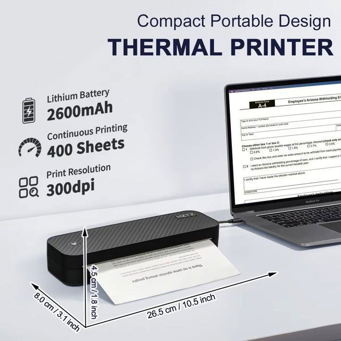 Imprimante Thermique A4 Portable, Bluetooth et USB, 300 DPI, Batterie 2600mAh, 3 Rouleaux Papier Inclus