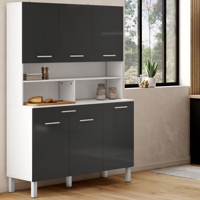 IDMARKET Buffet de cuisine 120 CM CINA 6 portes + tiroir blanc et gris brillant