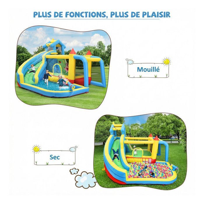 Château Gonflable 5 en 1 Enfants 3-10 Ans, Structure Gonflable avec Toboggan, Panier Basket, Aire Saut, 364×315×239 cm-Oxford Bleu