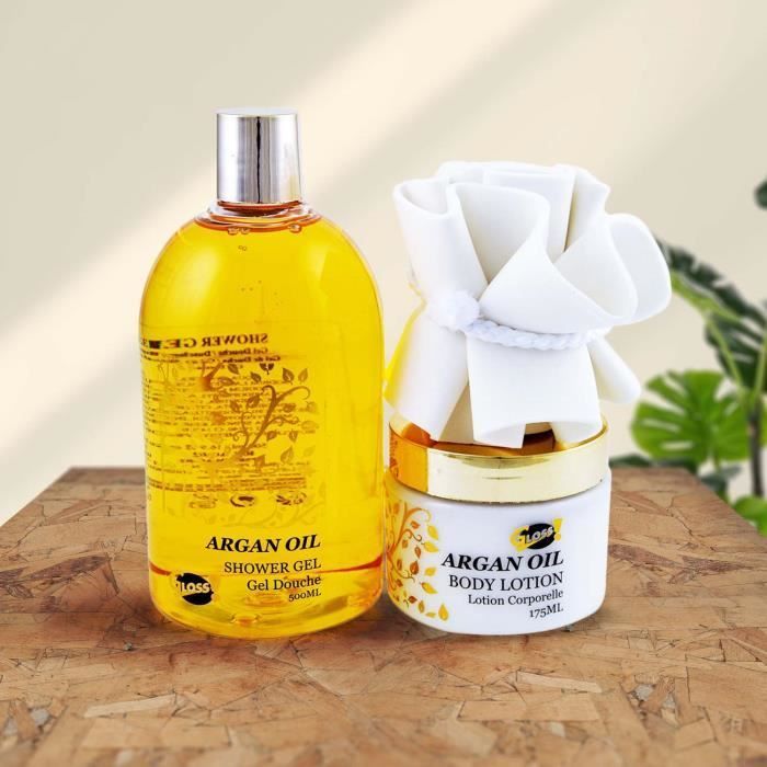 Set regalo per il bagno - Naturale - Olio di Argan - Gel doccia 500 ml - Lozione 200 ml - 1 spugna in EVA