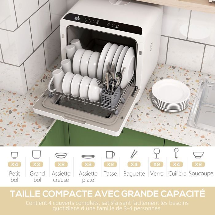 Mini lavastoviglie - HOMCOM - 4 coperti, 5 programmi, serbatoio acqua 6 litri - comandi touch - display LED - bianca