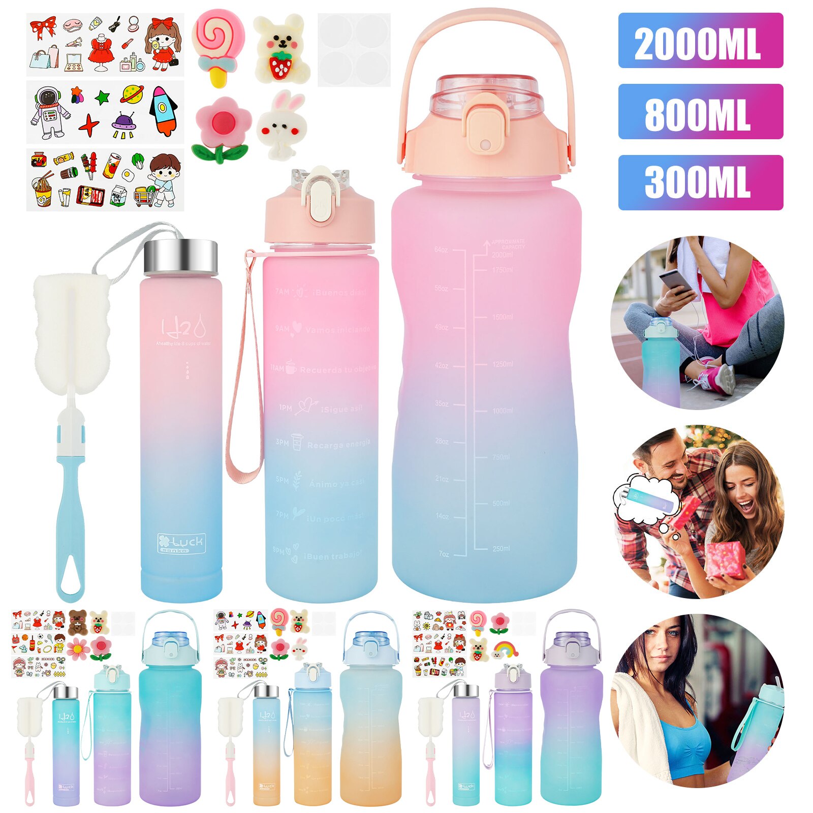 3-częściowa butelka na wodę ze słomką, 2000 ml, wielokrotnego użytku, kubek na wodę z naklejką, szczelny, sportowy czajnik podróżny