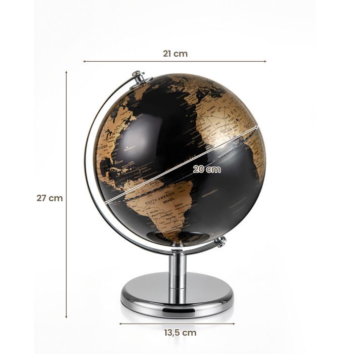 LIFEZEAL Globe terrestre antique de 20 cm avec pied en métal argenté - Pour étudiants et adultes, Décoration,Noir+Doré