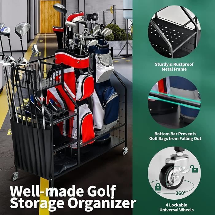 Organizador de almacenamiento de golf GYMAX con ruedas con bloqueo, estante metálico para accesorios de golf con repisa.