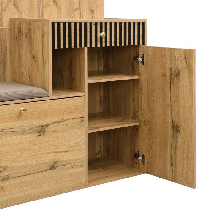 Garderoben-Set für den Eingangsbereich 110 x 37 x 185,5 cm – mit Spiegel und Haken – Schuhschrank und Schuhbank – Natur