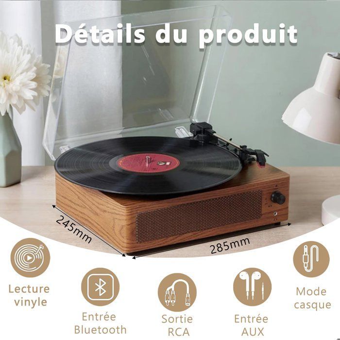 Platine Vinyle, Vintage Portable,Bluetooth,3 vitesses 33/45/78 rpm,Haut-parleurs Intégrés,Pour Musique Maison et Voyage