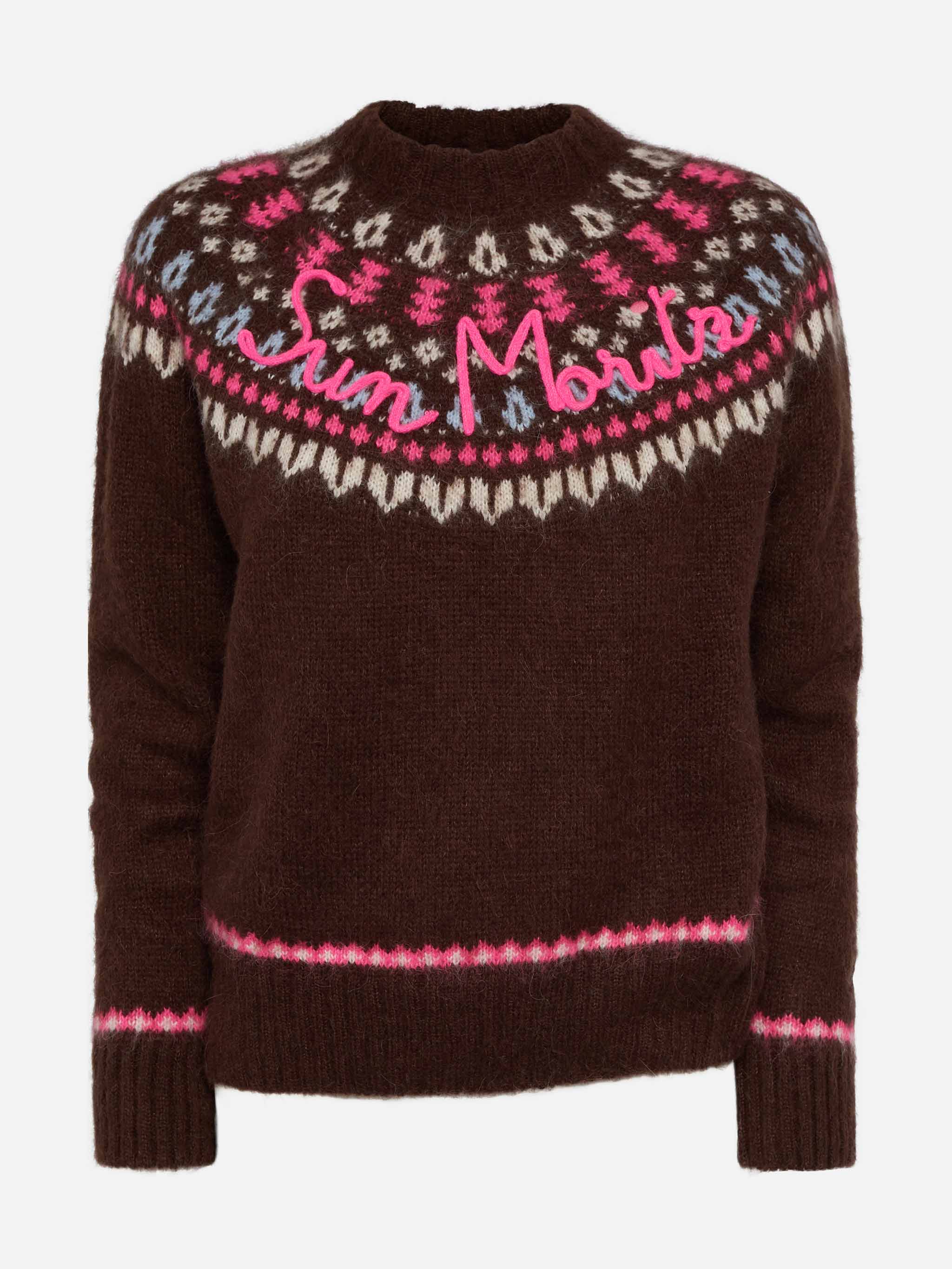Queen Nordic zachtbruine trui met fair isle jacquard en zonneborduurwerk.