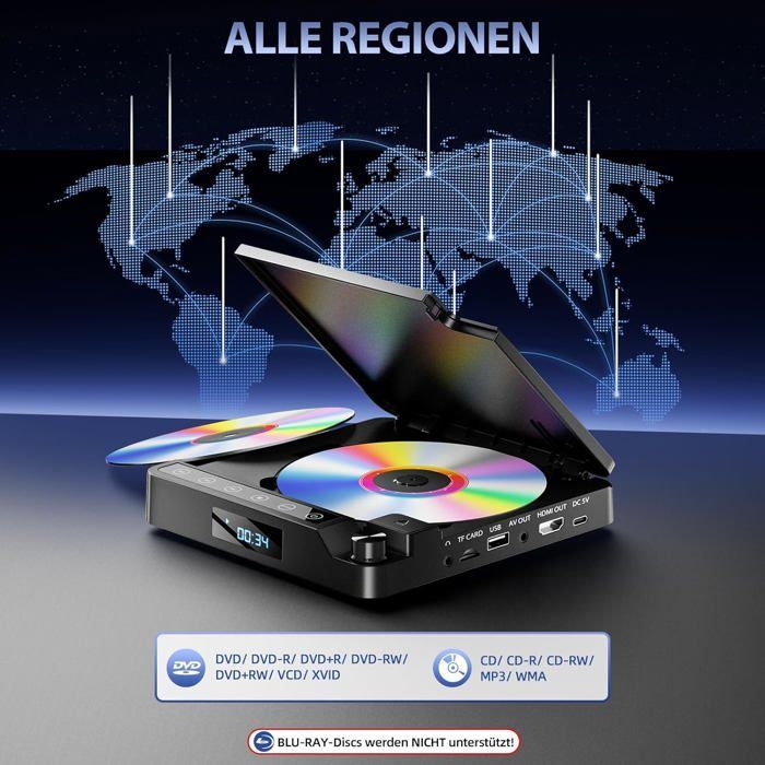 Lecteur DVD pour TV 1080P, Lecteur DVD HDMI/AV et USB/Carte TF, Câble et Télécommande, Mini CD Player Couverture multizone