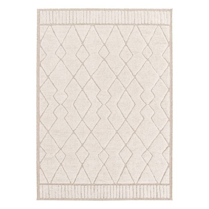 Alfombra de interior con estampado étnico bereber, 160x230 cm, pelo corto, color beige y crema.