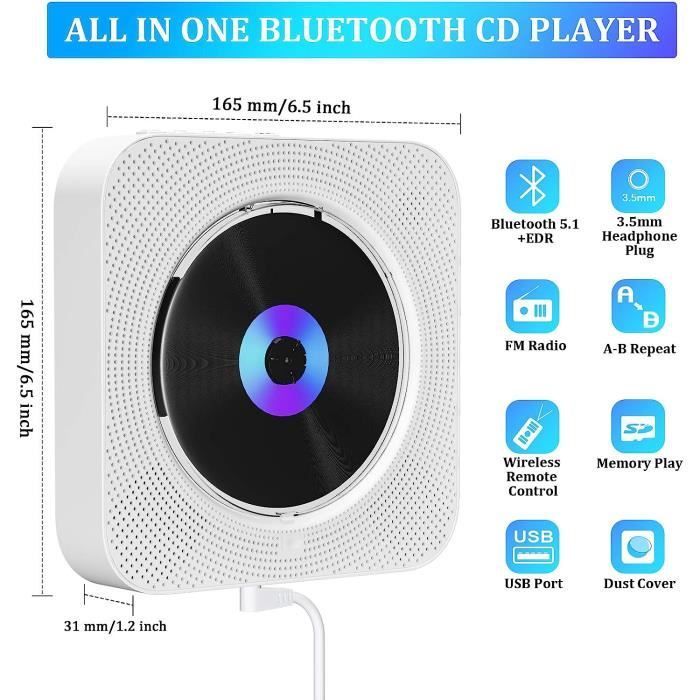 Reproductor de CD portátil UVERBON, reproductor de DVD de montaje en pared, Bluetooth, altavoces HiFi integrados, radio FM, MP3, conector para auriculares de 3,5 mm, entrada auxiliar.