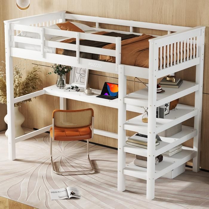 Letto a soppalco per bambini 90x200 cm con scrivania e ripiano contenitore in legno massello, bianco