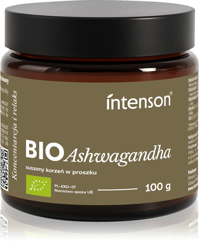 Suplemento alimentar em pó Intenson Ashwagandha BIO para auxiliar a saúde física e mental.