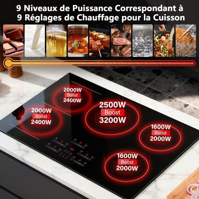 Inductiekookplaat, Inbouwkookplaat, 5 flexibele zones, 9 vermogensniveaus, Boost-functie, Timer, Automatische uitschakeling, 9700W, 77cm