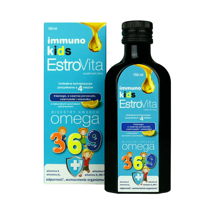 EstroVita Immuno Kids, Bioestry kwasów Omega 3-6-9, Płyn o smaku cytrynowym