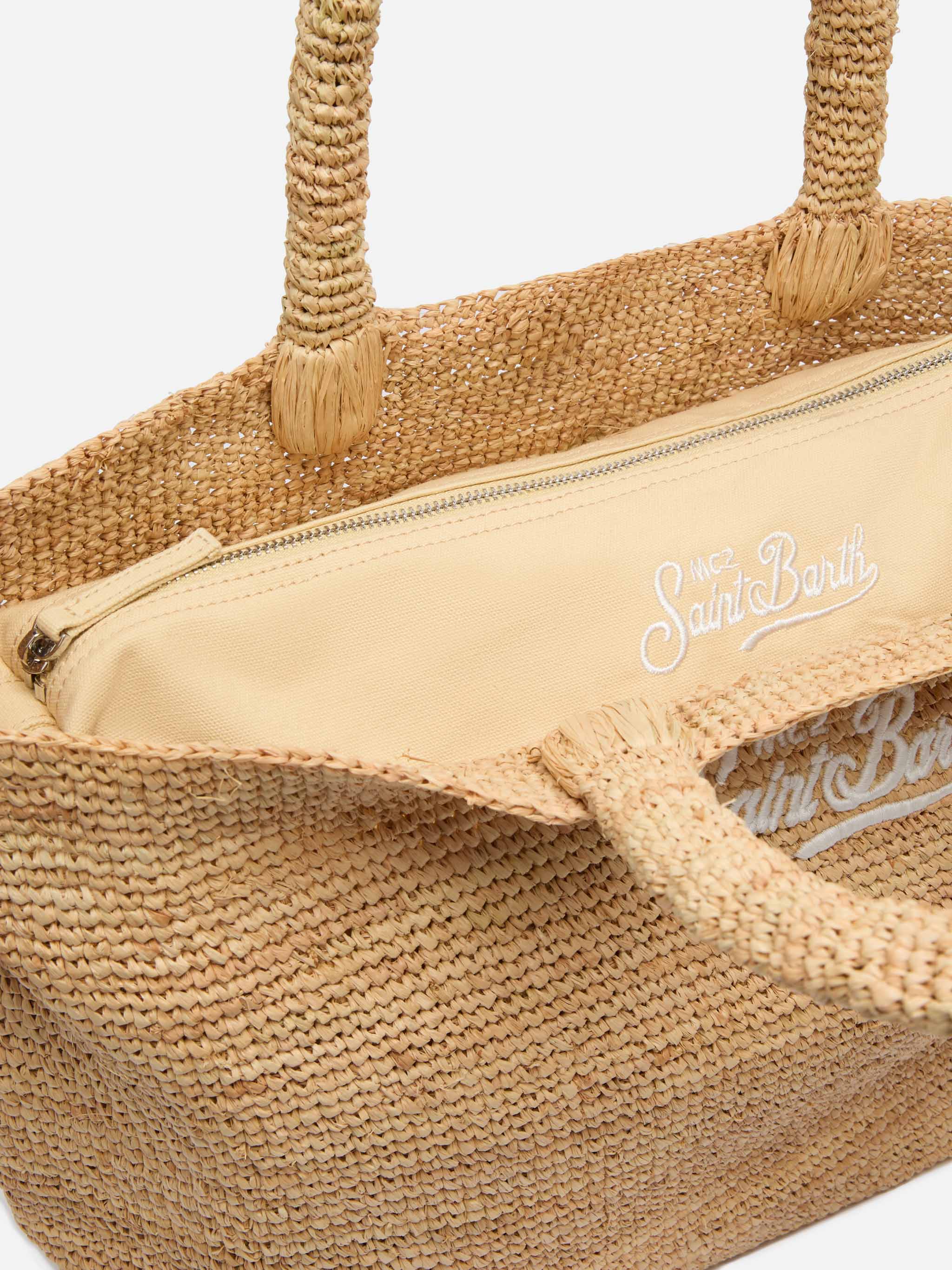 Sac de plage en raphia beige avec pochette intérieure en coton