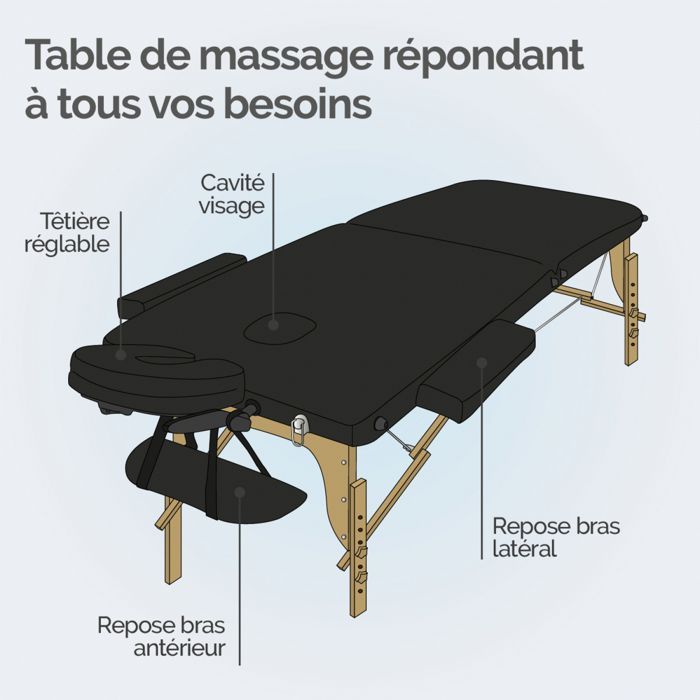 Folding 2-section wooden massage table with Reiki panel + Accessories and carrying case - Black - Vivezen