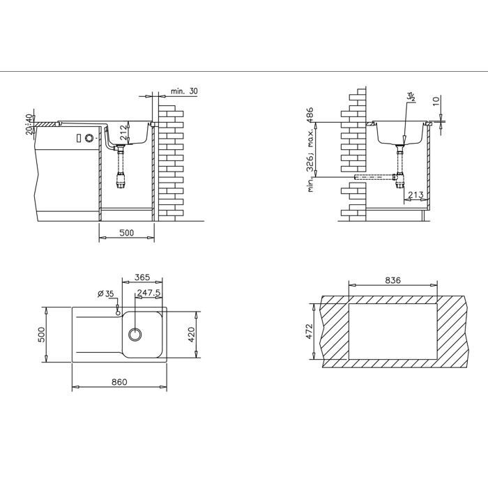 Lavabo liscio reversibile con 1 vasca e 1 gocciolatoio in resina - Grigio - Essebagno
