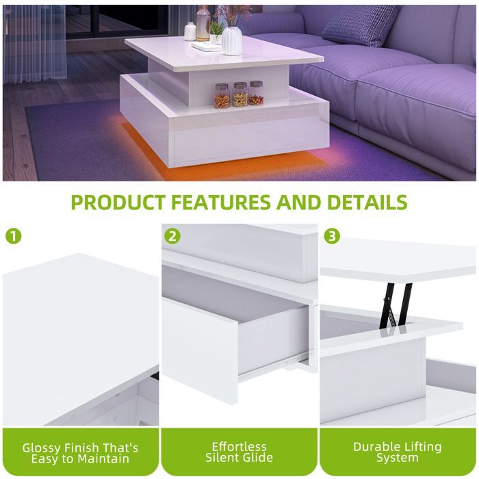 Mesa de centro rectangular con tapa elevable YITAHOME para sala de estar, con luces LED de 16 colores y 2 cajones, superficie High-LumiNova, color blanco.