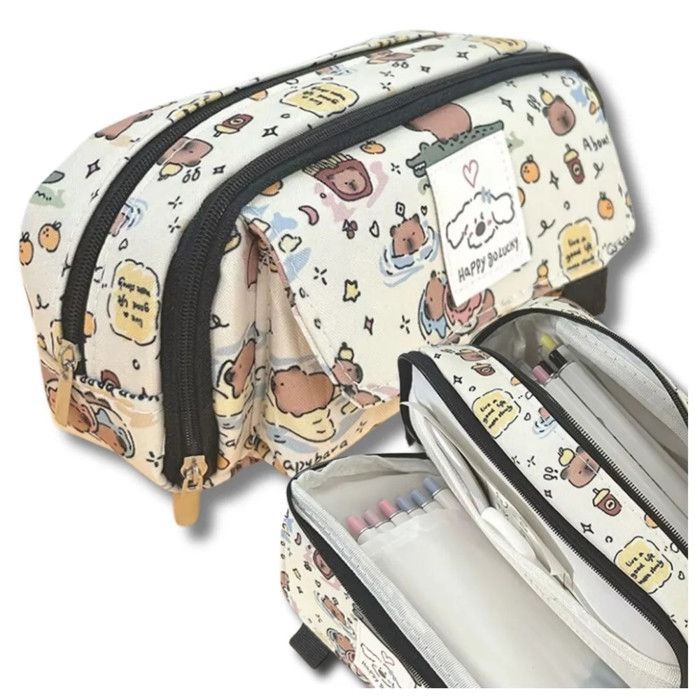 Astuccio scolastico con disegno di capibara, beige, 19x7x10 cm, multifunzionale