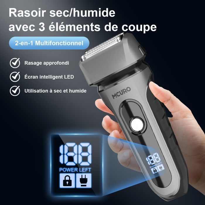Rasoir Électrique MCURO 2 en 1 Multifonction à 3 Lames - Affichage LED - Avec Tondeuse Pop-up - IPX7 Étanche - Chargement USB