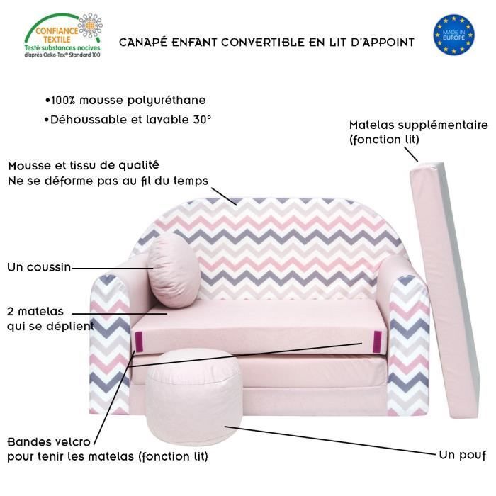 Canapé convertible lit enfant NINO avec pouf et coussin - Rose zigzag